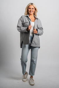 Brushed knit shacket light grey – Unique Blazers | Cute Blazers For Women at Lush Fashion Lounge Boutique in Oklahoma City