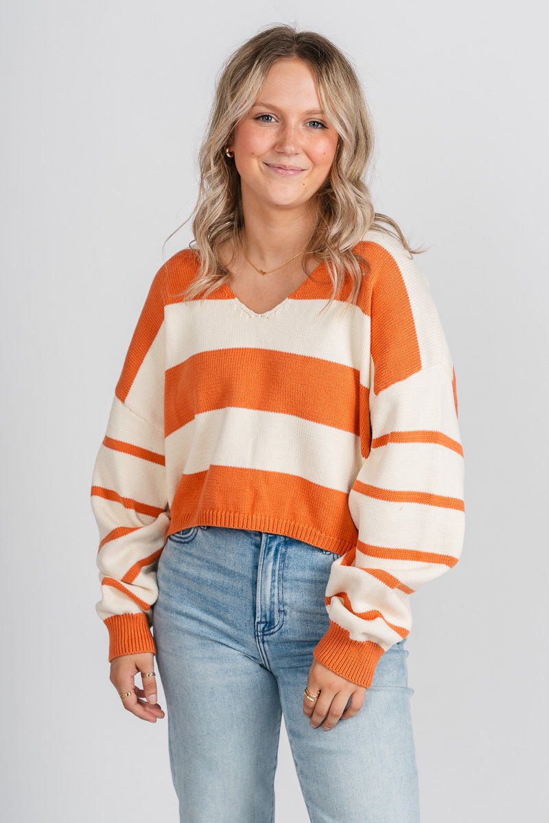 Striped long sleeve sweater cream/rust