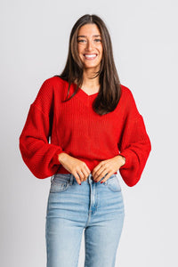 Knit v-neck sweater red – Stylish Sweaters | Boutique Sweaters at Lush Fashion Lounge Boutique in Oklahoma City