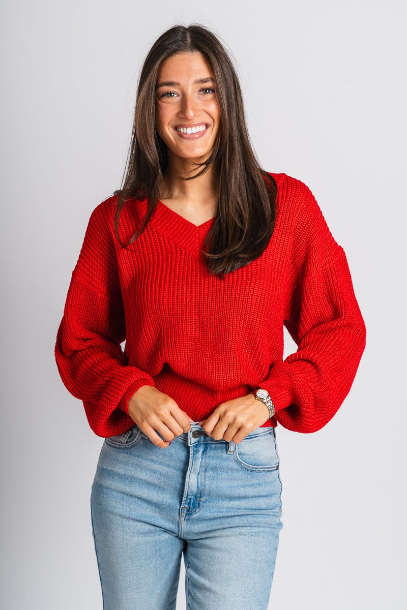 Knit v-neck sweater red – Boutique Sweaters | Fashionable Sweaters at Lush Fashion Lounge Boutique in Oklahoma City