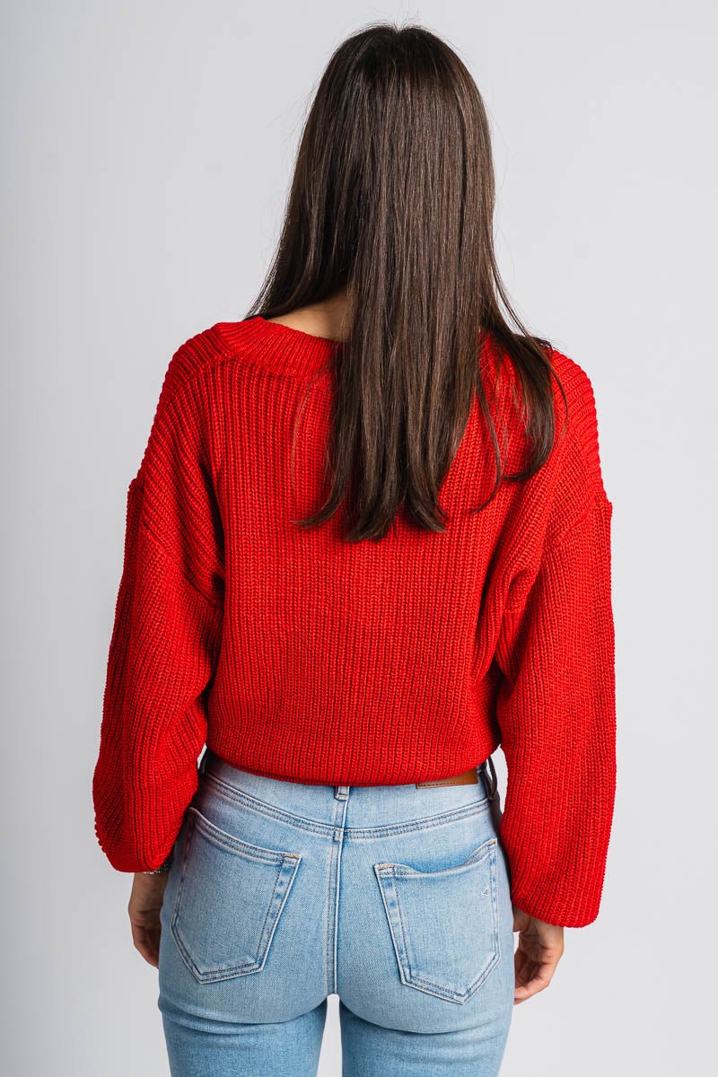 Knit v-neck sweater red – Unique Sweaters | Lounging Sweaters and Womens Fashion Sweaters at Lush Fashion Lounge Boutique in Oklahoma City