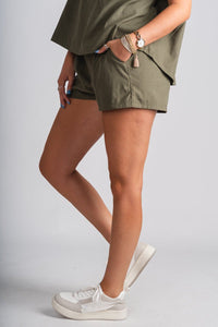 Boxy pocket shorts olive Stylish shorts - Womens Fashion Shorts at Lush Fashion Lounge Boutique in Oklahoma City