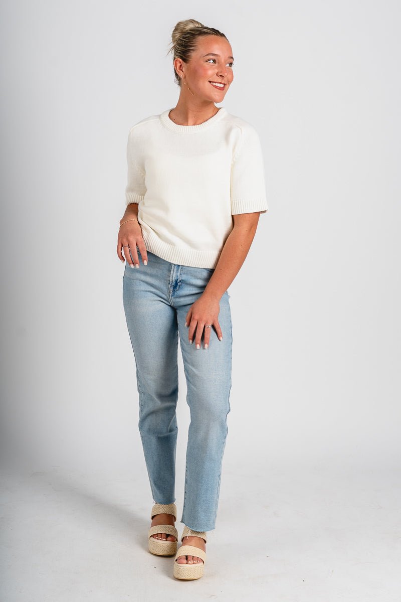 Short sleeve raglan sweater ivory - Stylish top - Cute Easter Clothing Line at Lush Fashion Lounge Boutique in Oklahoma