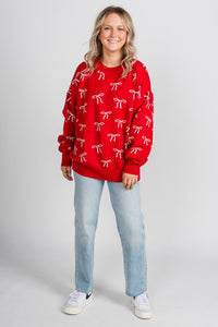 Bow sweater red/white - Trendy Sweaters | Cute Pullover Sweaters at Lush Fashion Lounge Boutique in Oklahoma City