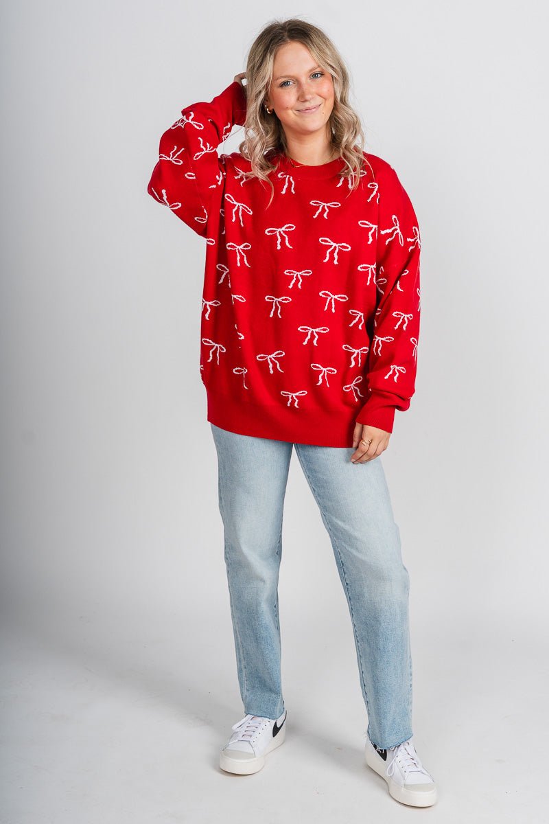 Bow sweater red/white – Unique Sweaters | Lounging Sweaters and Womens Fashion Sweaters at Lush Fashion Lounge Boutique in Oklahoma City