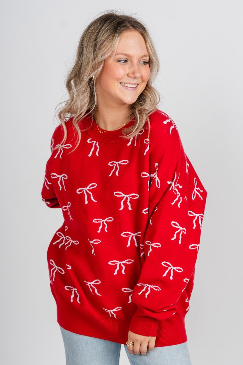 Bow sweater red/white – Stylish Sweaters | Boutique Sweaters at Lush Fashion Lounge Boutique in Oklahoma City