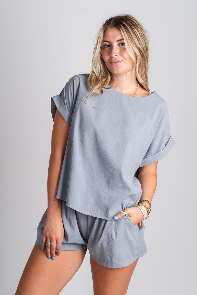 Oversized short sleeve top blue grey