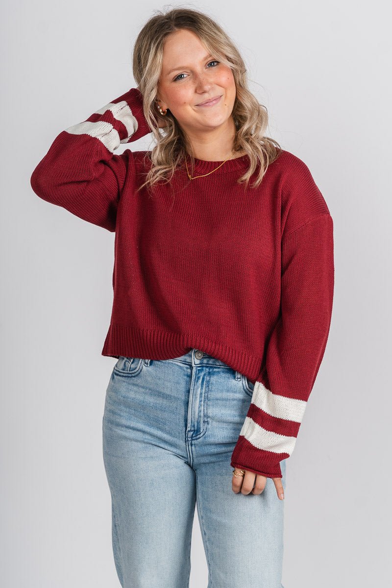 Game day sweater burgundy/white – Stylish Sweaters | Boutique Sweaters at Lush Fashion Lounge Boutique in Oklahoma City