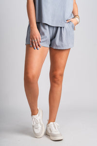 Boxy pocket shorts blue grey Stylish shorts - Womens Fashion Shorts at Lush Fashion Lounge Boutique in Oklahoma City