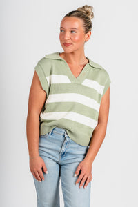 Striped polo sleeveless sweater matcha – Boutique Sweaters | Fashionable Sweaters at Lush Fashion Lounge Boutique in Oklahoma City