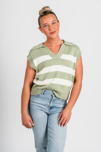 Striped polo sleeveless sweater matcha – Stylish Sweaters | Boutique Sweaters at Lush Fashion Lounge Boutique in Oklahoma City