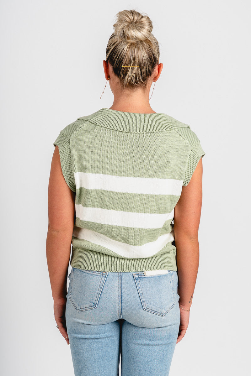 Striped polo sleeveless sweater matcha