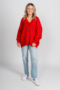 Oversized sweater cardigan red - Trendy Cardigan - Fashion Cardigans & Cute Kimonos at Lush Fashion Lounge Boutique in Oklahoma City