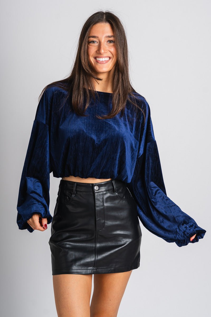 Velvet crop top navy - Trendy New Year's Eve Dresses, Skirts, Kimonos and Sequins at Lush Fashion Lounge Boutique in Oklahoma City