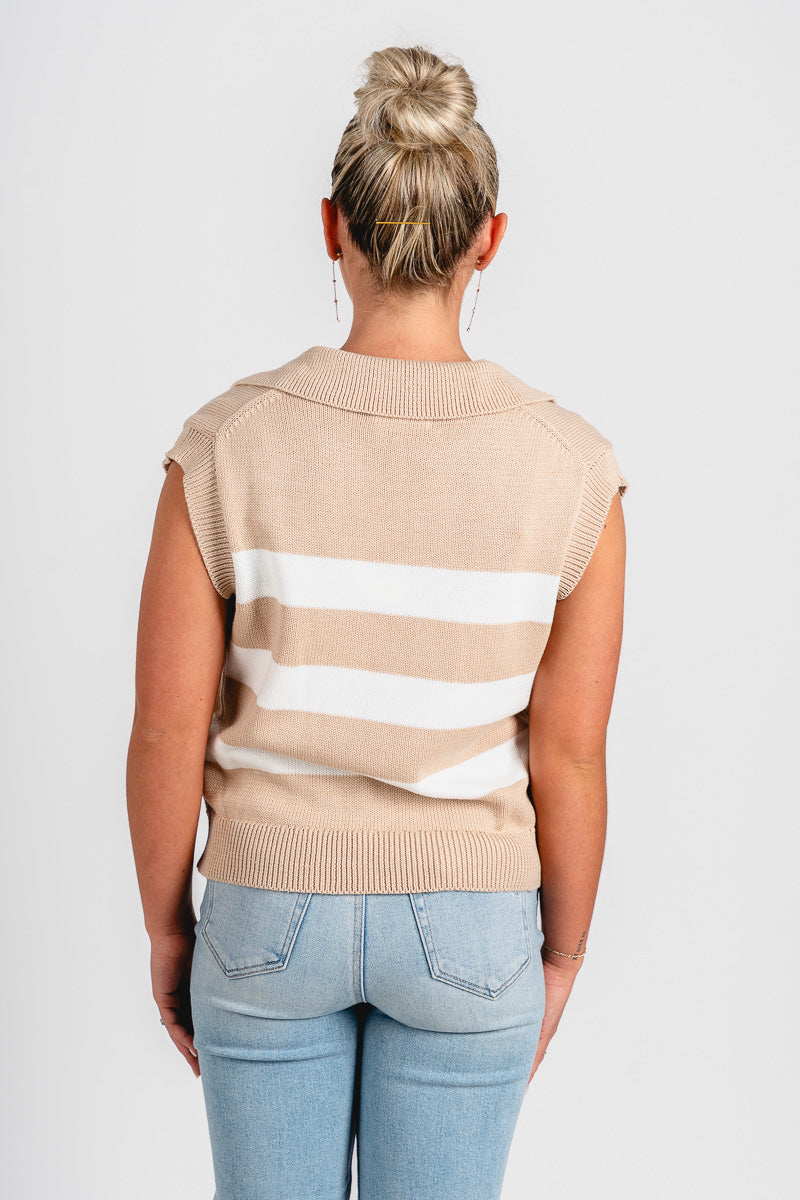 Striped polo sleeveless sweater natural