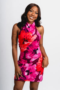 Floral mesh halter mini dress pink multi - Affordable dress - Boutique Dresses at Lush Fashion Lounge Boutique in Oklahoma City