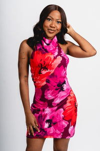 Floral mesh halter mini dress pink multi - Cute dress - Trendy Dresses at Lush Fashion Lounge Boutique in Oklahoma City