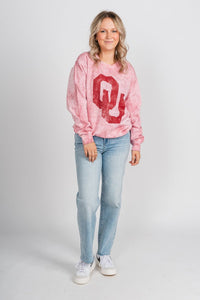 OU OU interlock tie dye sweatshirt crimson Sweatshirt | Lush Fashion Lounge Trendy Oklahoma University Sooners Apparel & Cute Gameday T-Shirts