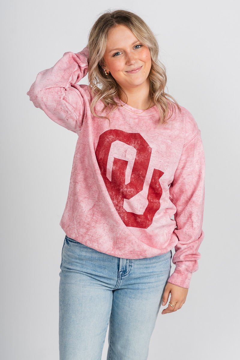 OU OU interlock tie dye sweatshirt crimson Sweatshirt | Lush Fashion Lounge Trendy Oklahoma University Sooners Apparel & Cute Gameday T-Shirts