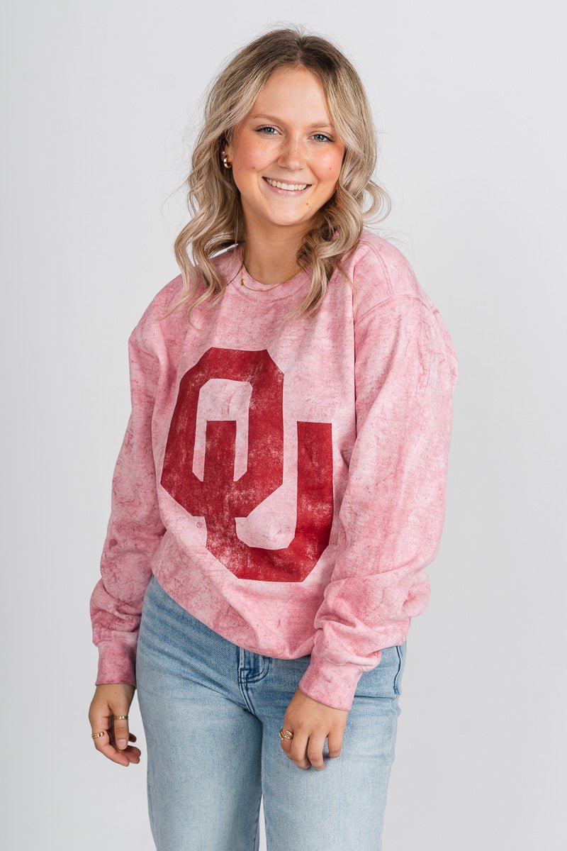 OU OU interlock tie dye sweatshirt crimson Sweatshirt | Lush Fashion Lounge Trendy Oklahoma University Sooners Apparel & Cute Gameday T-Shirts