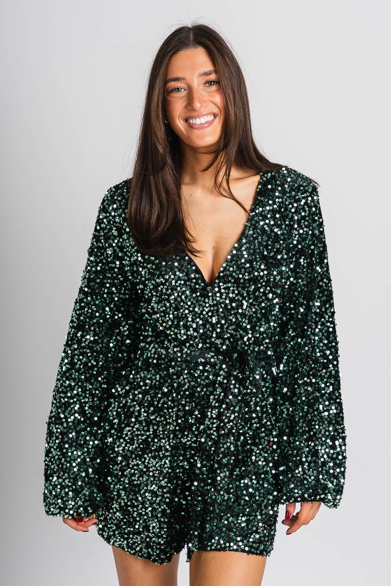 Sequin romper green - Affordable romper - Boutique Rompers & Pantsuits at Lush Fashion Lounge Boutique in Oklahoma City