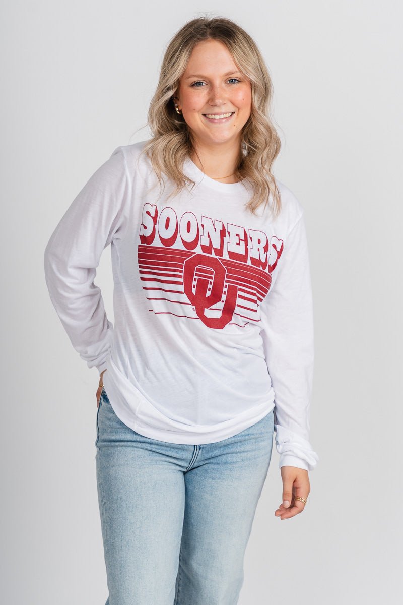 OU OU Sooners logo lines long sleeve t-shirt white T-shirt | Lush Fashion Lounge Trendy Oklahoma University Sooners Apparel & Cute Gameday T-Shirts