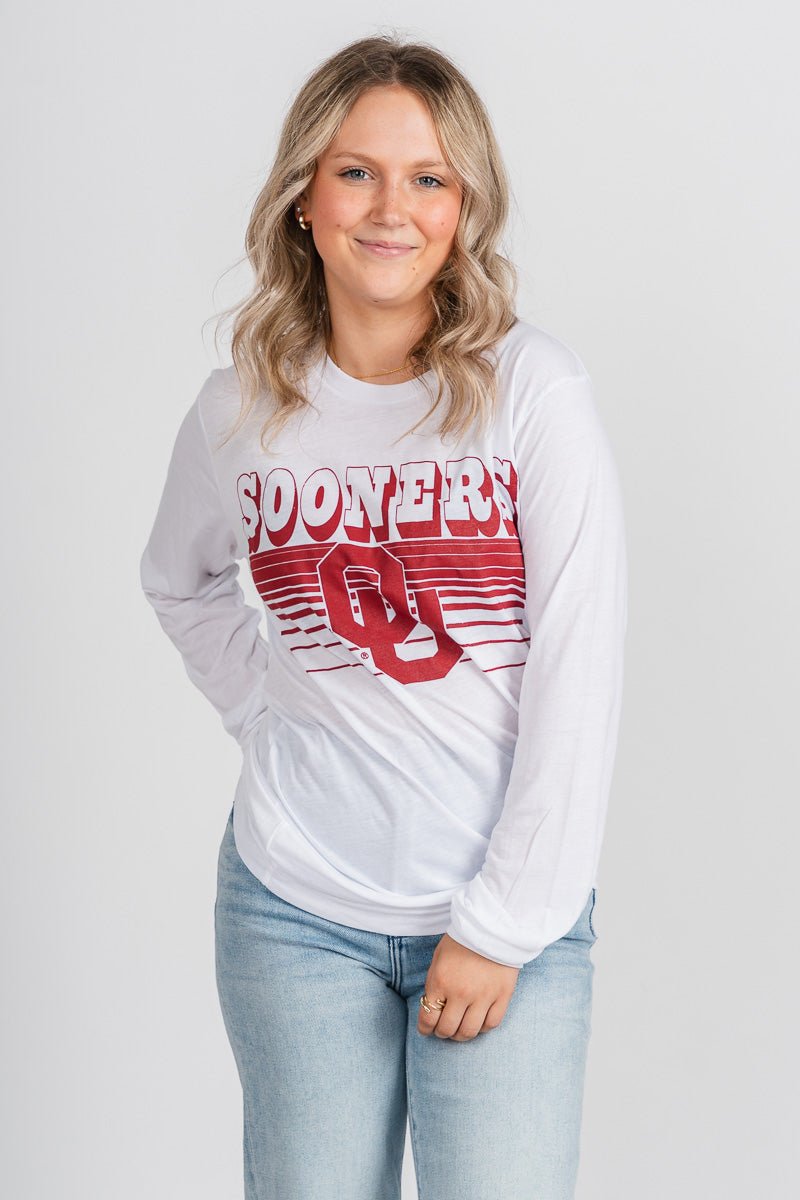 OU OU Sooners logo lines long sleeve t-shirt white T-shirt | Lush Fashion Lounge Trendy Oklahoma University Sooners Apparel & Cute Gameday T-Shirts