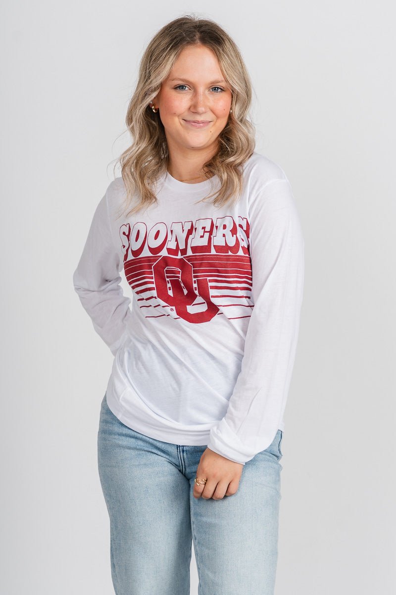 OU OU Sooners logo lines long sleeve t-shirt white T-shirt | Lush Fashion Lounge Trendy Oklahoma University Sooners Apparel & Cute Gameday T-Shirts