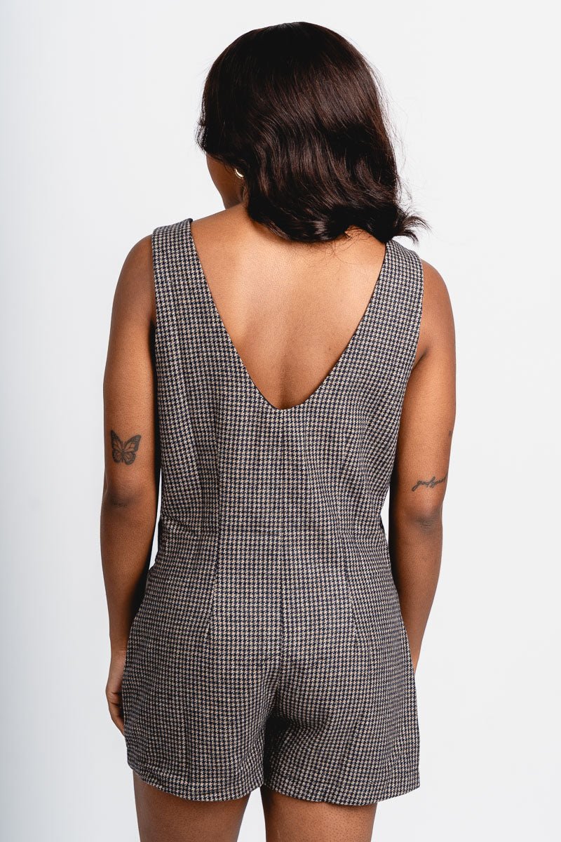 Hounds tooth sleeveless romper taupe/black