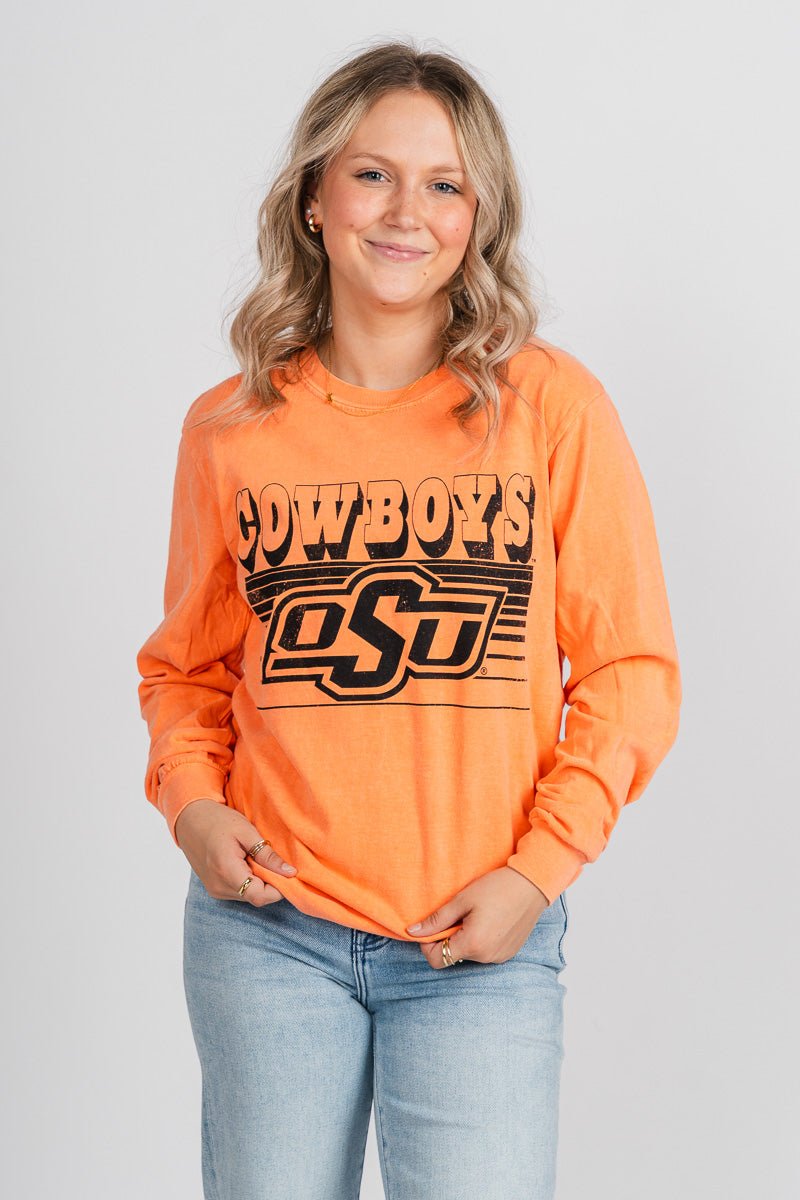 OSU OSU Cowboys logo lines long sleeve t-shirt orange T-shirt | Lush Fashion Lounge Trendy Oklahoma State Cowboys Apparel & Cute Gameday T-Shirts