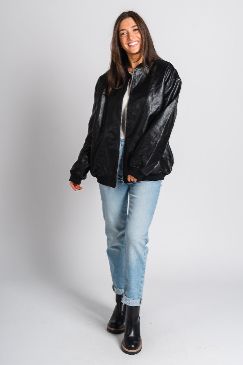 Faux leather bomber jacket black – Unique Blazers | Cute Blazers For Women at Lush Fashion Lounge Boutique in Oklahoma City