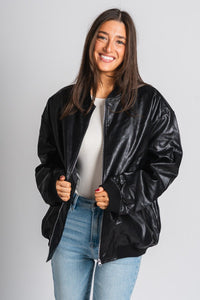 Faux leather bomber jacket black – Affordable Blazers | Cute Black Jackets at Lush Fashion Lounge Boutique in Oklahoma City