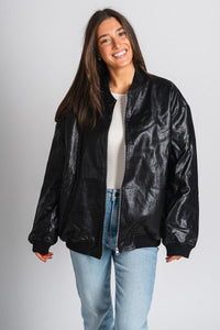 Faux leather bomber jacket black – Trendy Jackets | Cute Fashion Blazers at Lush Fashion Lounge Boutique in Oklahoma City