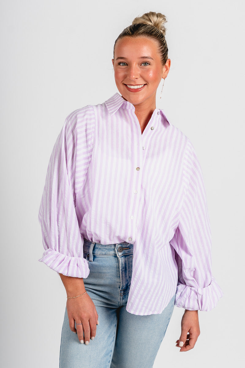 Striped balloon sleeve button up top lavender - Stylish top - Cute Easter Outfits at Lush Fashion Lounge Boutique in Oklahoma