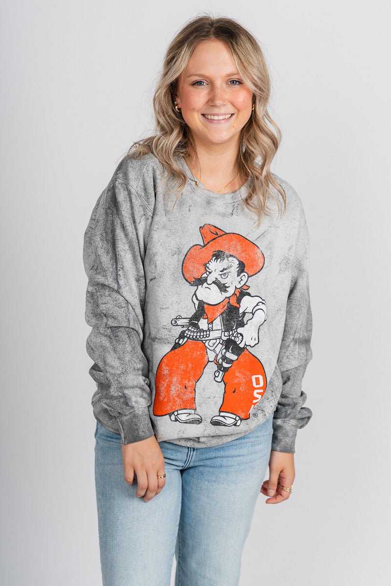 OSU OSU Pistol Pete tie dye sweatshirt smoke Sweatshirt | Lush Fashion Lounge Trendy Oklahoma State Cowboys Apparel & Cute Gameday T-Shirts