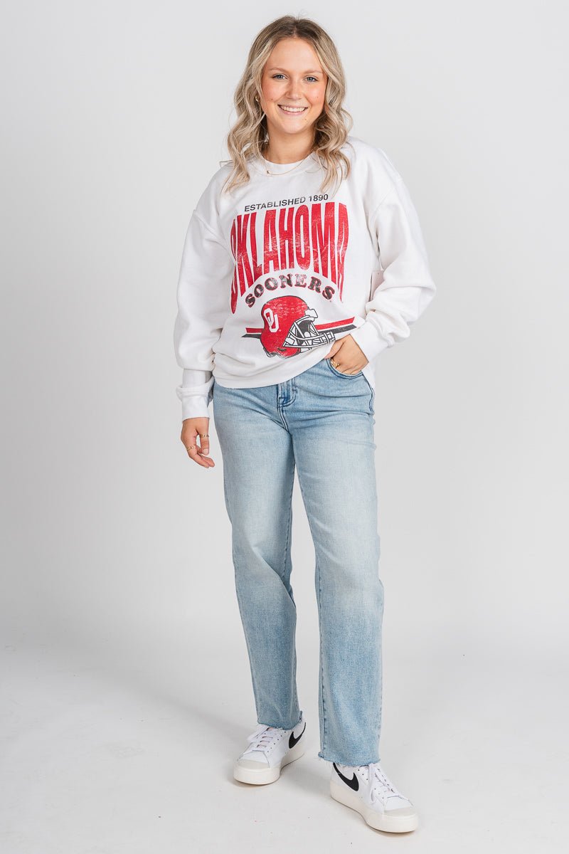 OU OU Sooners established helmet sweatshirt white Sweatshirt | Lush Fashion Lounge Trendy Oklahoma University Sooners Apparel & Cute Gameday T-Shirts