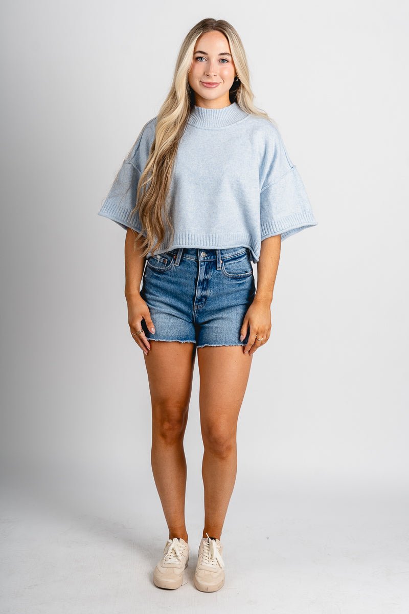 Short sleeve mock neck sweater pastel blue - Cute Sweater - Trendy Easter Clothing Line at Lush Fashion Lounge Boutique in Oklahoma