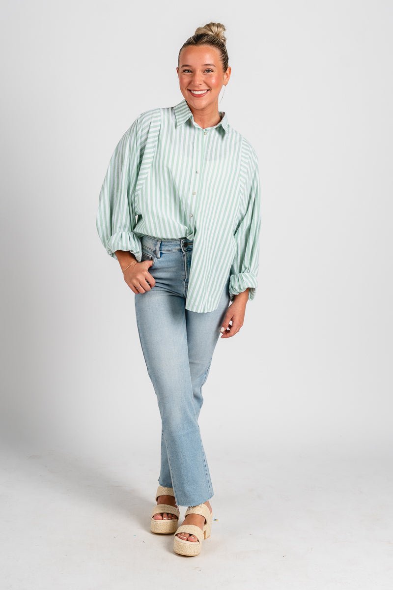 Striped balloon sleeve button up top green - Cute top - Trendy Easter Clothing Line at Lush Fashion Lounge Boutique in Oklahoma