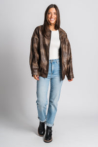 Faux leather bomber jacket brown – Unique Blazers | Cute Blazers For Women at Lush Fashion Lounge Boutique in Oklahoma City