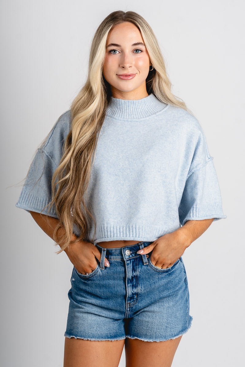Short sleeve mock neck sweater pastel blue - Stylish Sweater - Cute Easter Outfits at Lush Fashion Lounge Boutique in Oklahoma