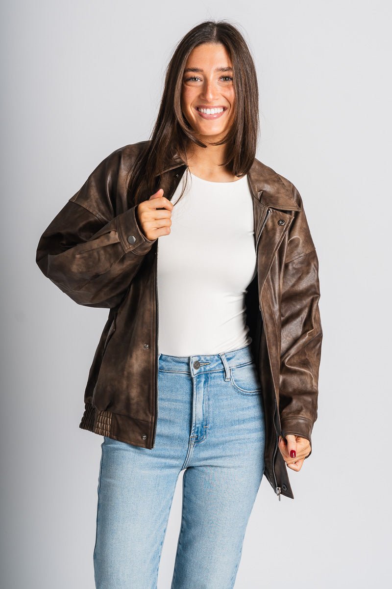 Faux leather bomber jacket brown – Affordable Blazers | Cute Black Jackets at Lush Fashion Lounge Boutique in Oklahoma City