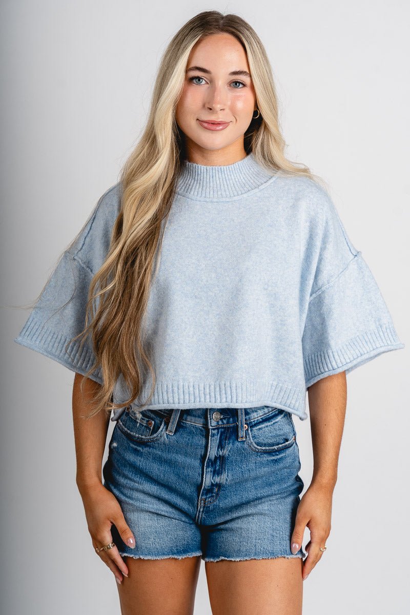 Short sleeve mock neck sweater pastel blue - Trendy Sweater - Fun Easter Looks at Lush Fashion Lounge Boutique in Oklahoma