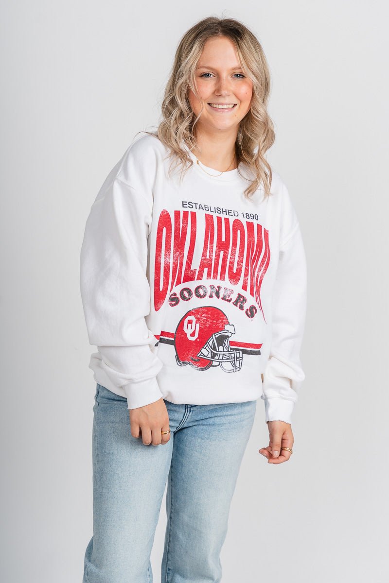 OU OU Sooners established helmet sweatshirt white Sweatshirt | Lush Fashion Lounge Trendy Oklahoma University Sooners Apparel & Cute Gameday T-Shirts