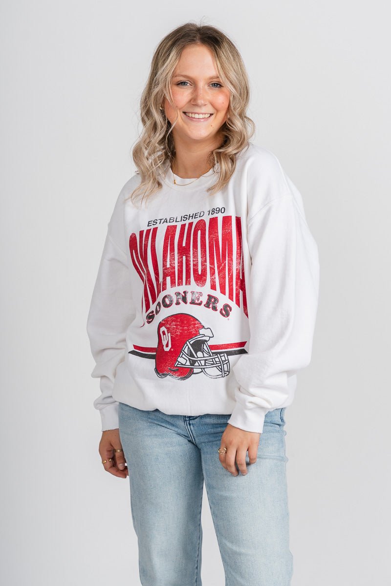 OU OU Sooners established helmet sweatshirt white Sweatshirt | Lush Fashion Lounge Trendy Oklahoma University Sooners Apparel & Cute Gameday T-Shirts