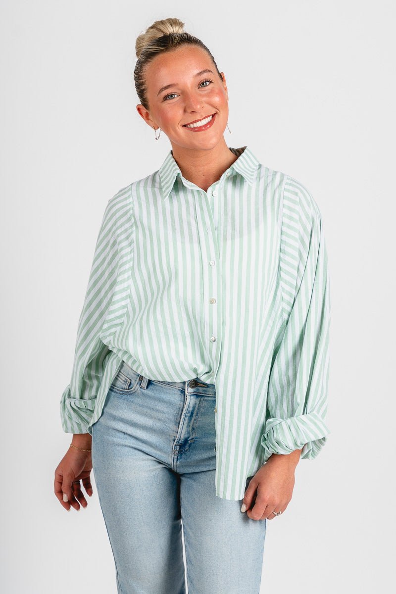 Striped balloon sleeve button up top green - Stylish top - Cute Easter Outfits at Lush Fashion Lounge Boutique in Oklahoma