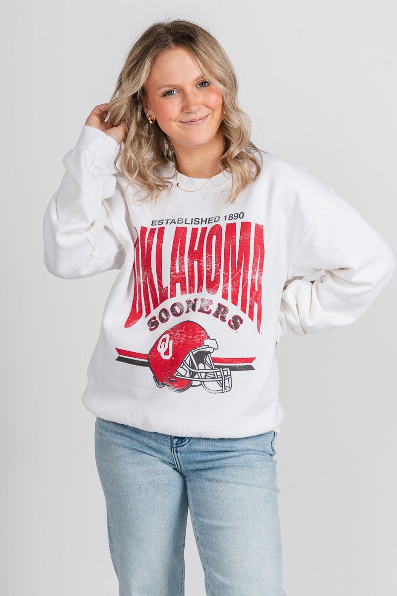 OU OU Sooners established helmet sweatshirt white Sweatshirt | Lush Fashion Lounge Trendy Oklahoma University Sooners Apparel & Cute Gameday T-Shirts