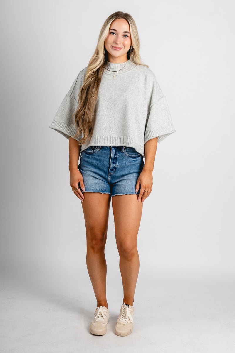 Short sleeve mock neck sweater heather grey - Trendy Sweaters | Cute Pullover Sweaters at Lush Fashion Lounge Boutique in Oklahoma City