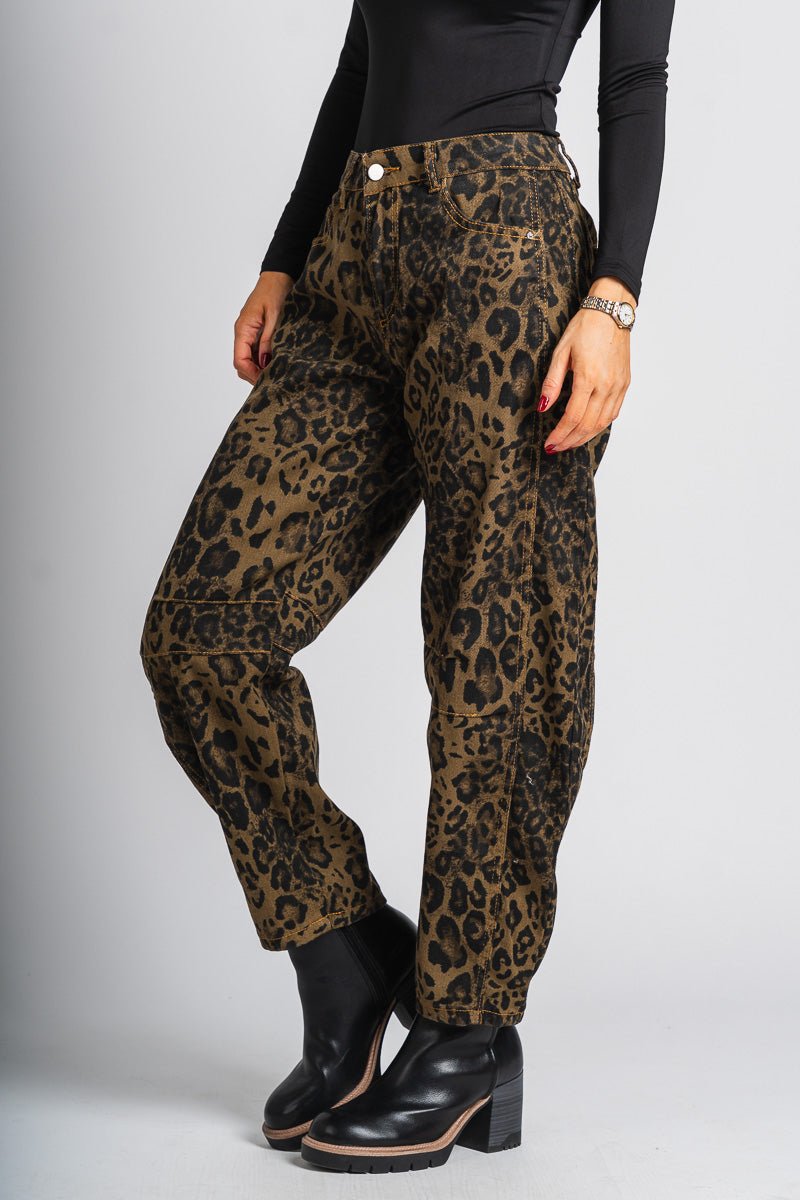 Leopard barrel jeans brown | Lush Fashion Lounge: boutique women's jeans, fashion jeans for women, affordable fashion jeans, cute boutique jeans