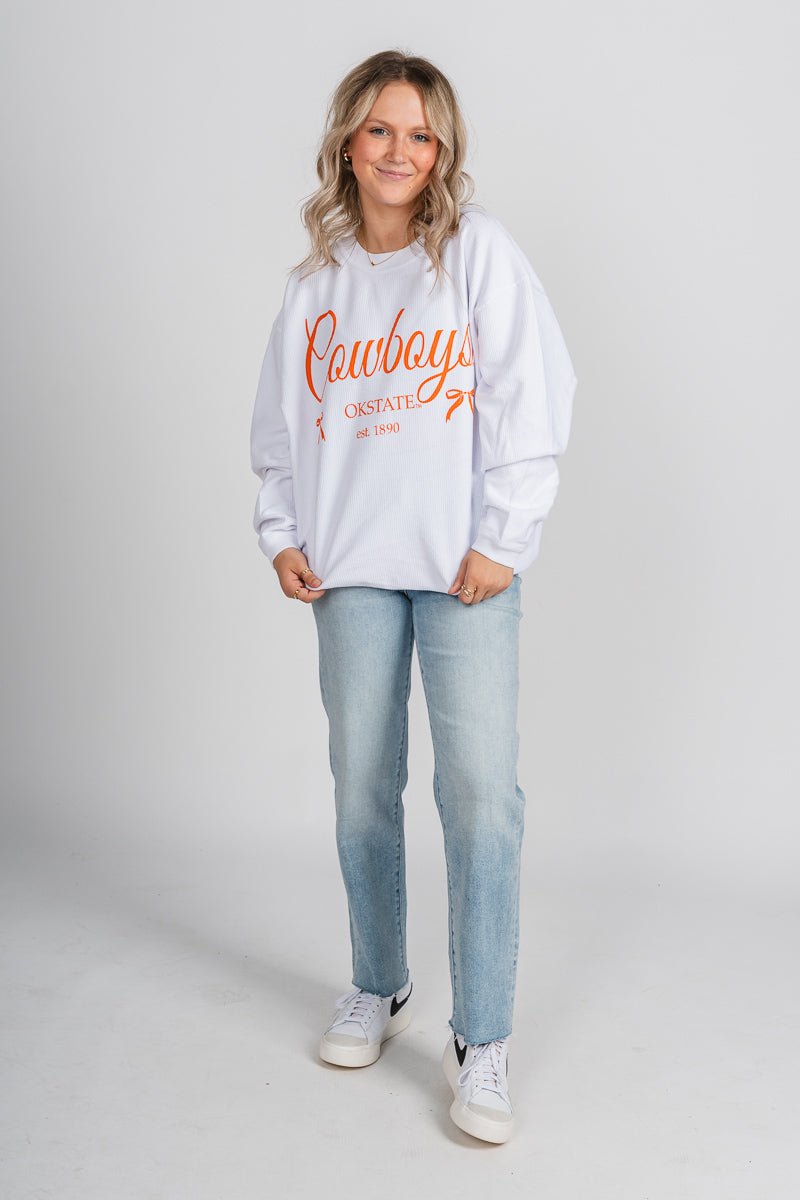 OSU OSU Cowboys bows corded sweatshirt white Sweatshirt | Lush Fashion Lounge Trendy Oklahoma State Cowboys Apparel & Cute Gameday T-Shirts