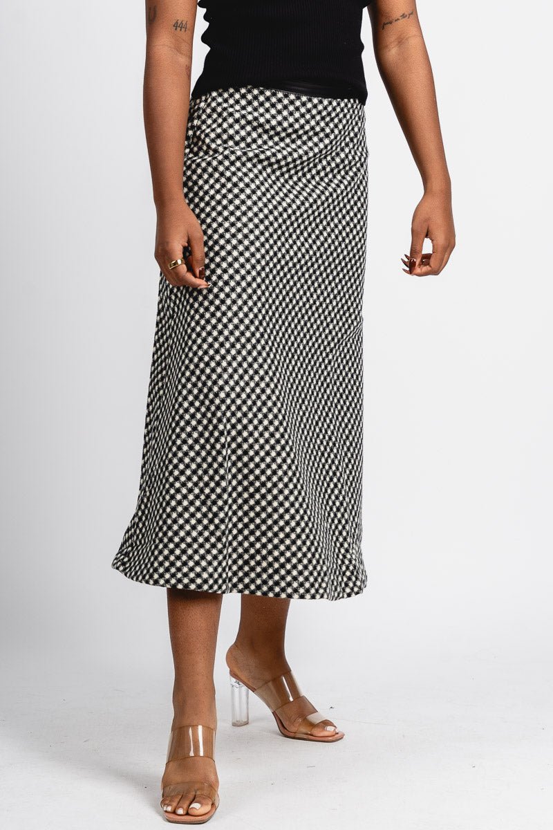 Hounds tooth midi skirt black | Lush Fashion Lounge: boutique fashion skirts, affordable boutique skirts, cute affordable skirts